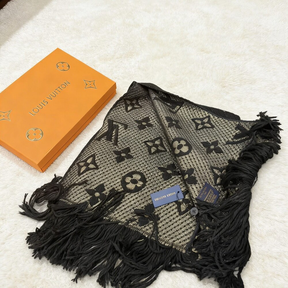 Louis Vuitton Black Gold-Tone Monogram Fringe Scarf - Picture 3 of 4
